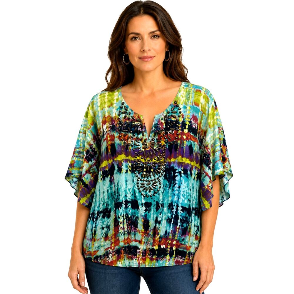 Cato Boho Embroidered V-Neck Tunic Top Large Multicolor Tribal Print Peasant